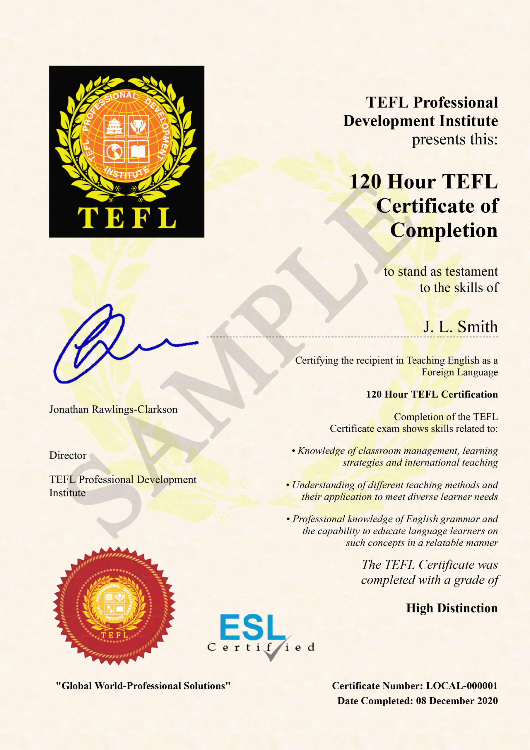 Certificate TEFL Professional Development Institute